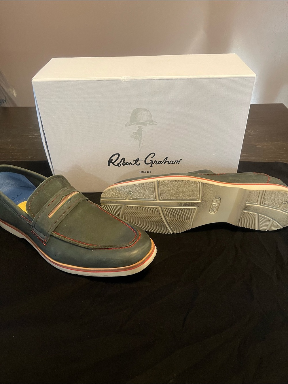 Robert Graham Olive Green Leather Slip-On Loafers with Red Accent